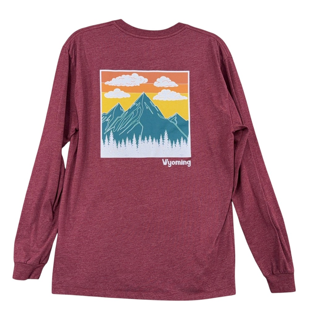 Home Free Wyoming‎ Mountain Graphic Tee Womens Medium Cotton Maroon Long Sleeve
